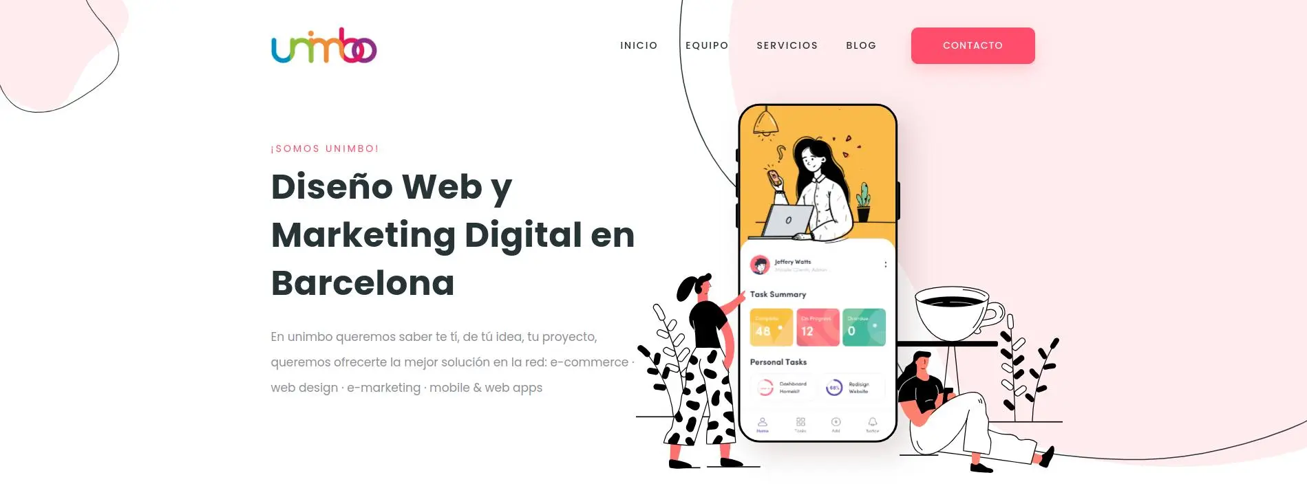 Cabecera de la página web de Unimbo que diseñamos nosotros. Es un muy buen ejemplode una página que usa formas geométricas. Pues tiene dos círculos uno a la derecha y otro a la izquierda