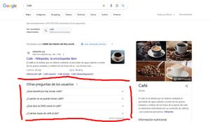 El apartado de 'People Also Ask', en castellano conocido como 'Otras preguntas de los usuarios, del SERP de la palabra clave'cafe'